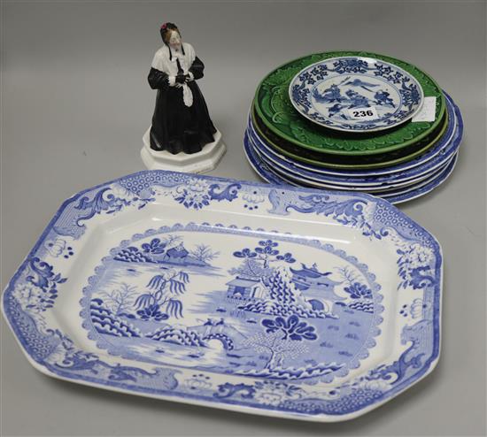 A quantity of blue and white ceramics, leaf plates and a Doulton figure Mr W.S. Penley as Charleys Aunt